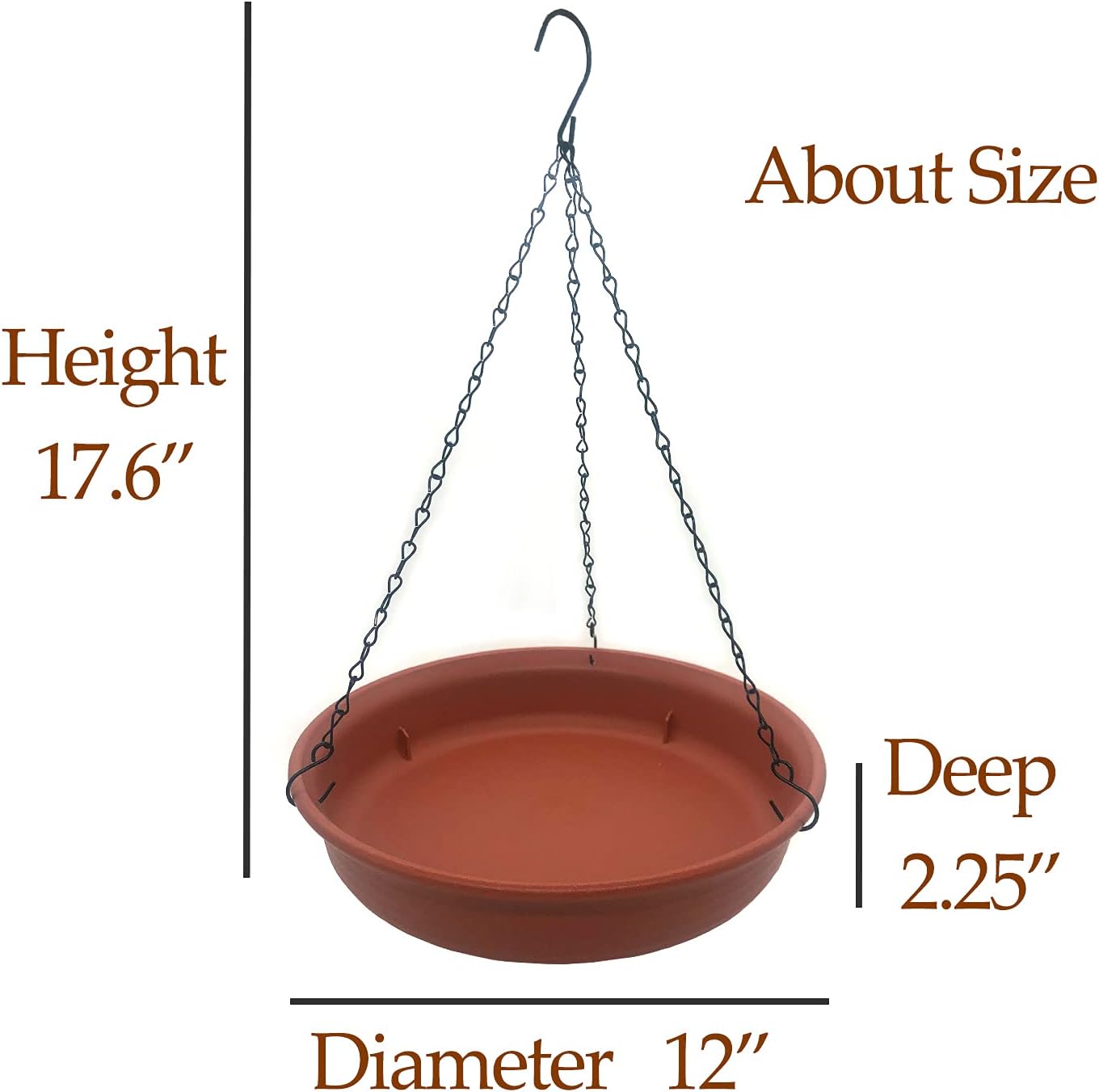 Hanging Bird Bath Bird Feeder for Outdside, 12" in Diameter × 2.25" Deep Brick Red Bird Bath Tray,Made of PP Material with 15.7" Antirust Paint Black Chain for Garden Yard Decoration