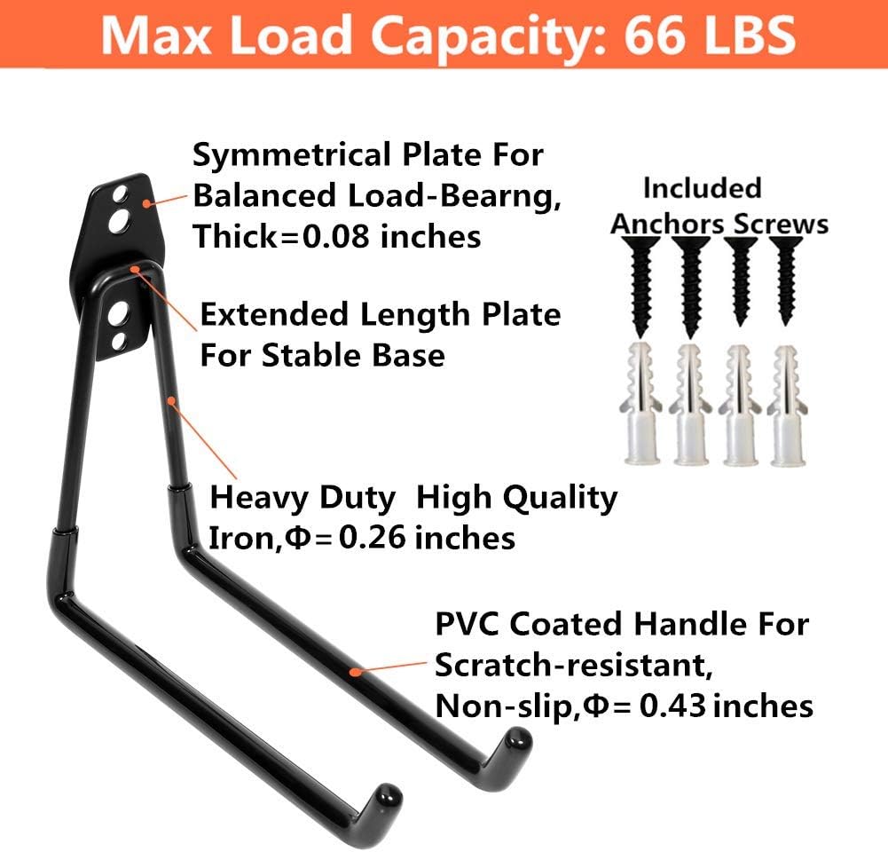 Heavy Duty Garage Storage Utility Double Hooks,Extended Wall Mount Tool Holder Organizer for Ladders,Bike,Chair (4 Pack Black 7.5" Large U Hook)