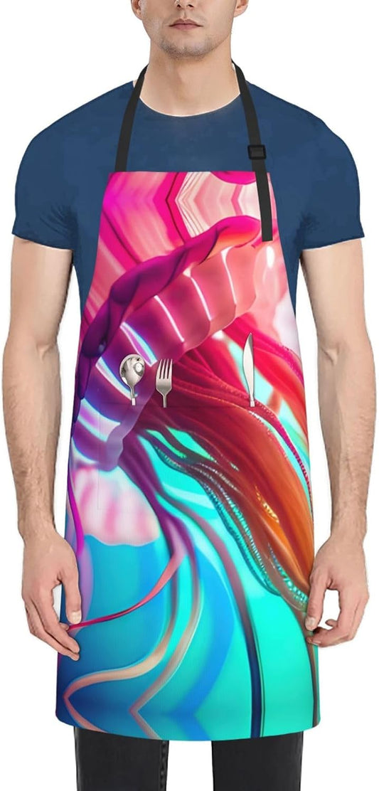 Colored jellyfish print Waterproof chef's apron with pocket apron for kitchen cooking baking barbecue and gardening