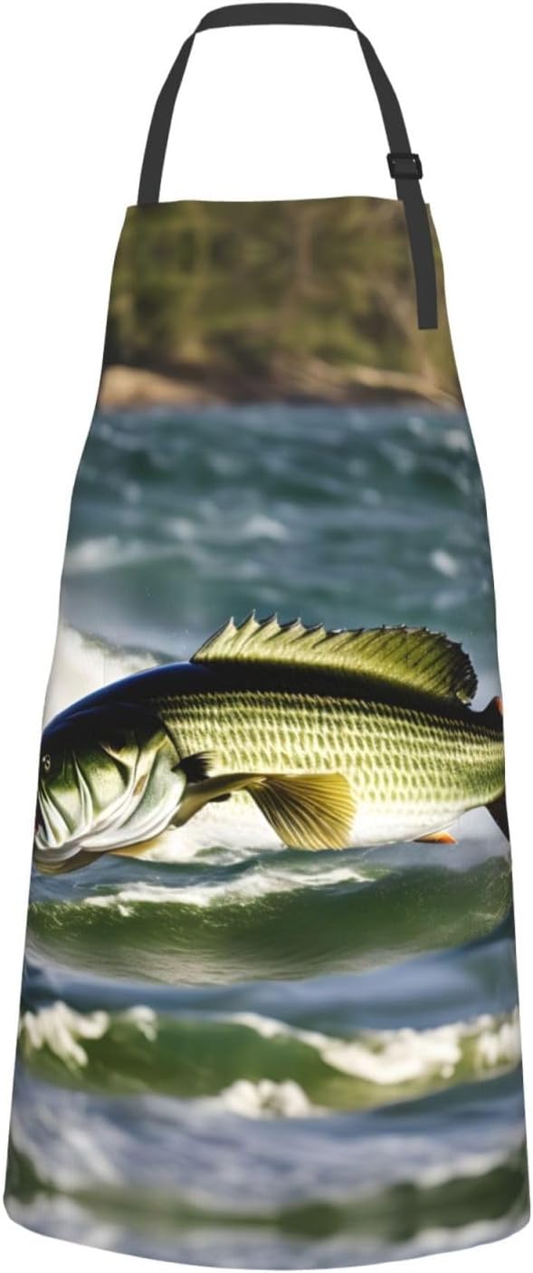 Bass Fishing Wave Print 28x33 In Adult Kitchen Apron with Pockets Versatile Chef Smock for Cooking Baking