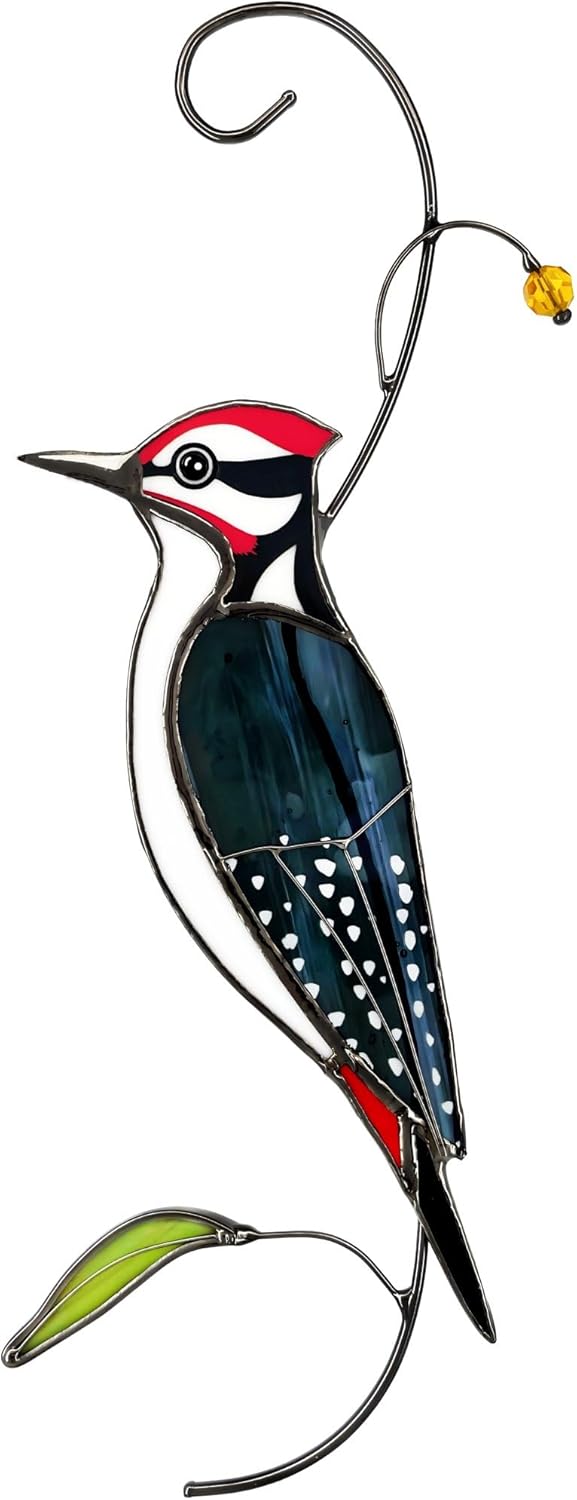 Woodpecker Stained Glass Window Hanging for Women, Mom, Grandma - Handmade Real Glass Bird Suncatcher - Elegant Gifts Box Home Decor (H8.9xW3.2 inch)