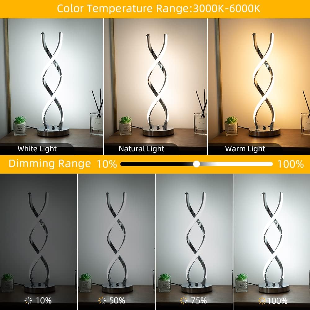 LED Modern Table Lamp, Stepless Dimmable Spiral Table Lamps for Bedroo