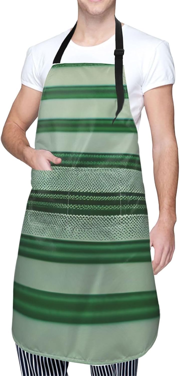 YANYU Green Striped Print 28x33 In Kitchen Apron Stylish Chef Apron with Pockets for Cooking Baking Painting