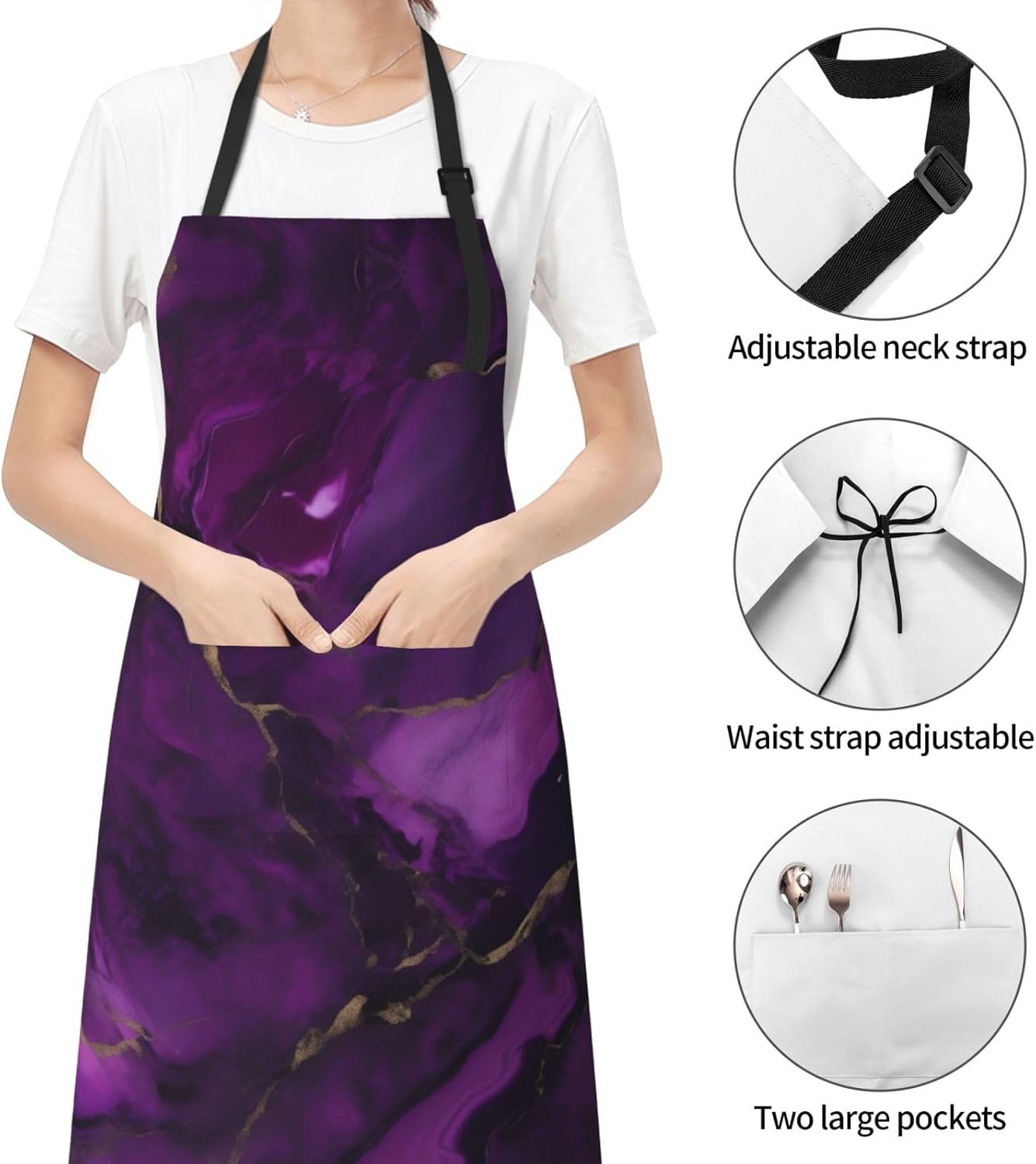 Dark purple texture marble print Waterproof chef's apron with pocket apron for kitchen cooking baking barbecue and gardening