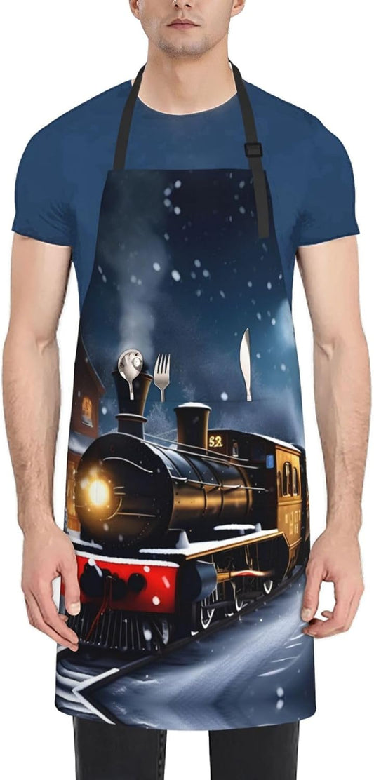 Winter Christmas Snow Night Railway Train print Waterproof apron with pocket adjustable cooking apron for adult kitchen bibs to bake