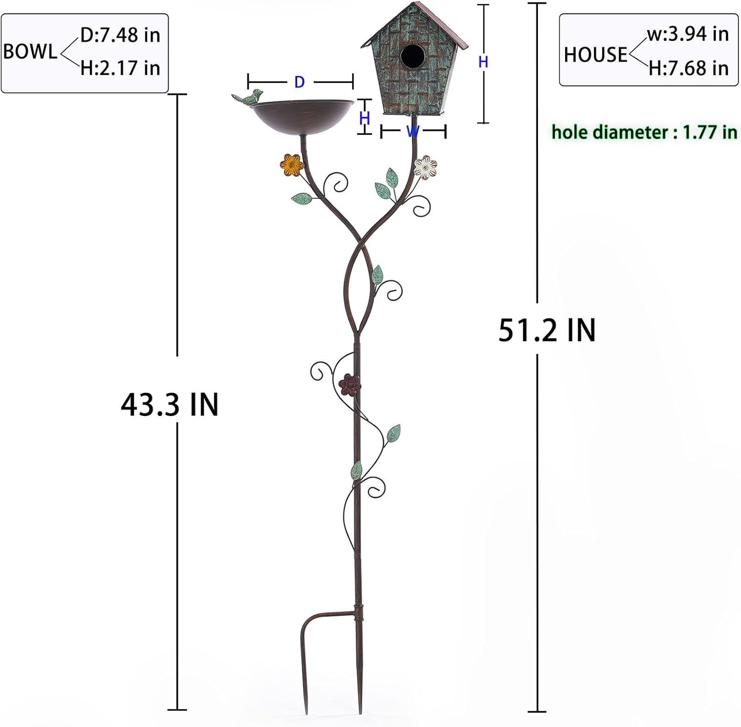 Bird Baths and BirdHouses with Pole, Distressed Metal Bird Bath Bowl and Birdhouse Stake for Outdoor Garden Yard Decoration (Bird Baths/BirdHouses-B)