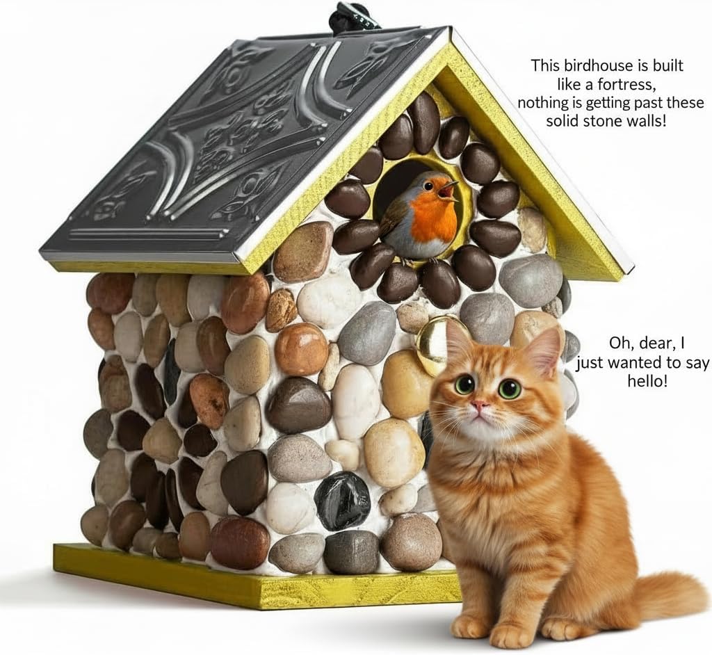 Premium River Pebble Bluebird House – Cedar Wood Outdoor Birdhouse with Embedded Metal Roof, Weather-Resistant Garden Nest Box for Wild Birds, Hanging & Pole Mountable (Yellow)