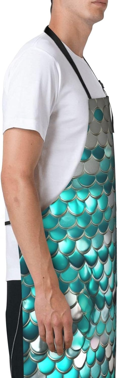 Mermaid Scale Print 28x33 In Adult Kitchen Apron with Pockets Versatile Chef Smock for Cooking Baking