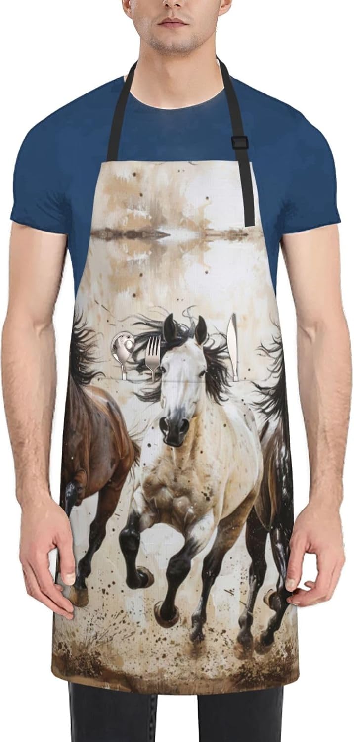 Horses Running Art print Waterproof chef's apron with pocket apron for kitchen cooking baking barbecue and gardening