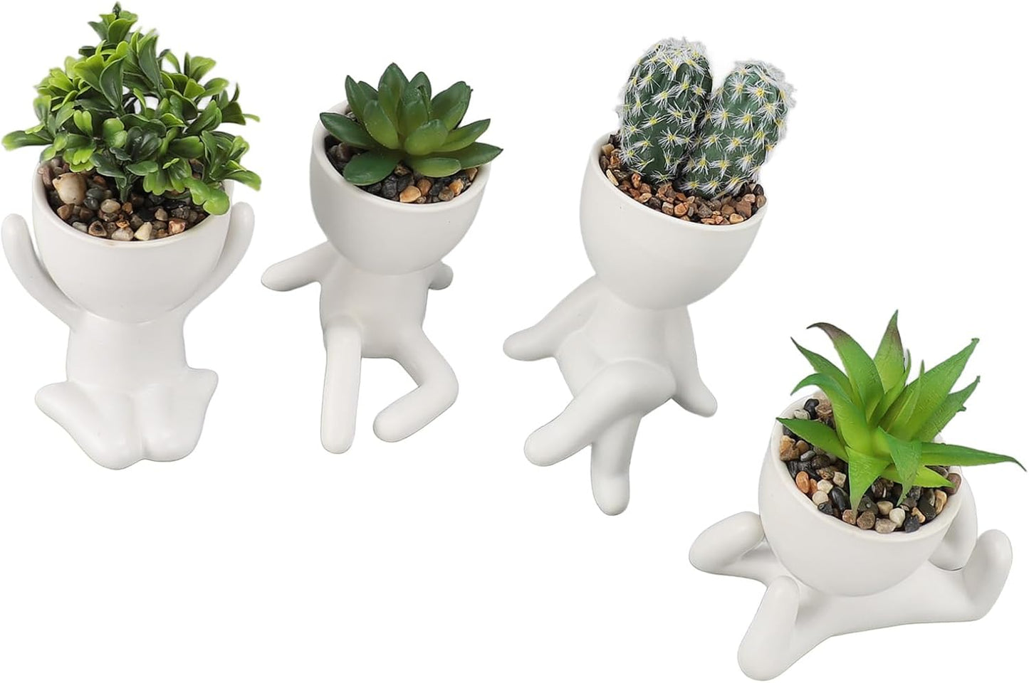 Artificial Succulent Planter Pot Cute Human Shaped Ceramic Plastic Fake Succulents with Pots for Home Office Decoration 4pcs Set