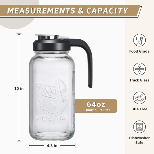 2 Quart Glass Pitcher with Lid - Mason Jar Pitcher with Filter Lid, Wide Mouth Jar Leak-proof Water Jug, Heavy Duty Glass Container for Water, Juice, Milk, Tea, Iced Coffee, and Drinks