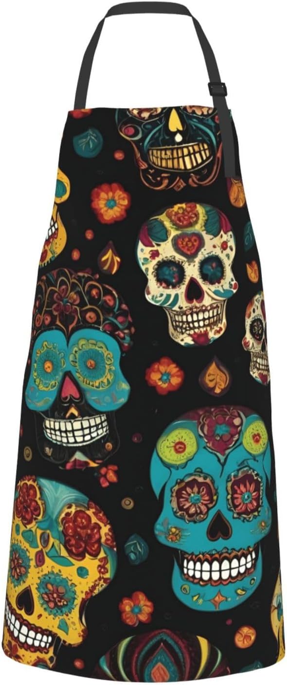 YANYU Sugar and Skulls Print 28x33 In Kitchen Apron Stylish Chef Apron with Pockets for Cooking Baking Painting