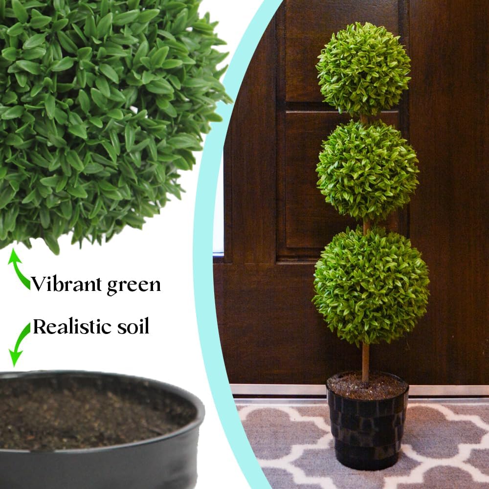 Admired by Nature 24 Inch Artificial Boxwood Topiary Plants - 3 Ball-Shape Faux Topiaries with Planters for Home Decor, Office Desk, Front Porch Indoor and Outdoor - Green with Black Pot, 1 Pack