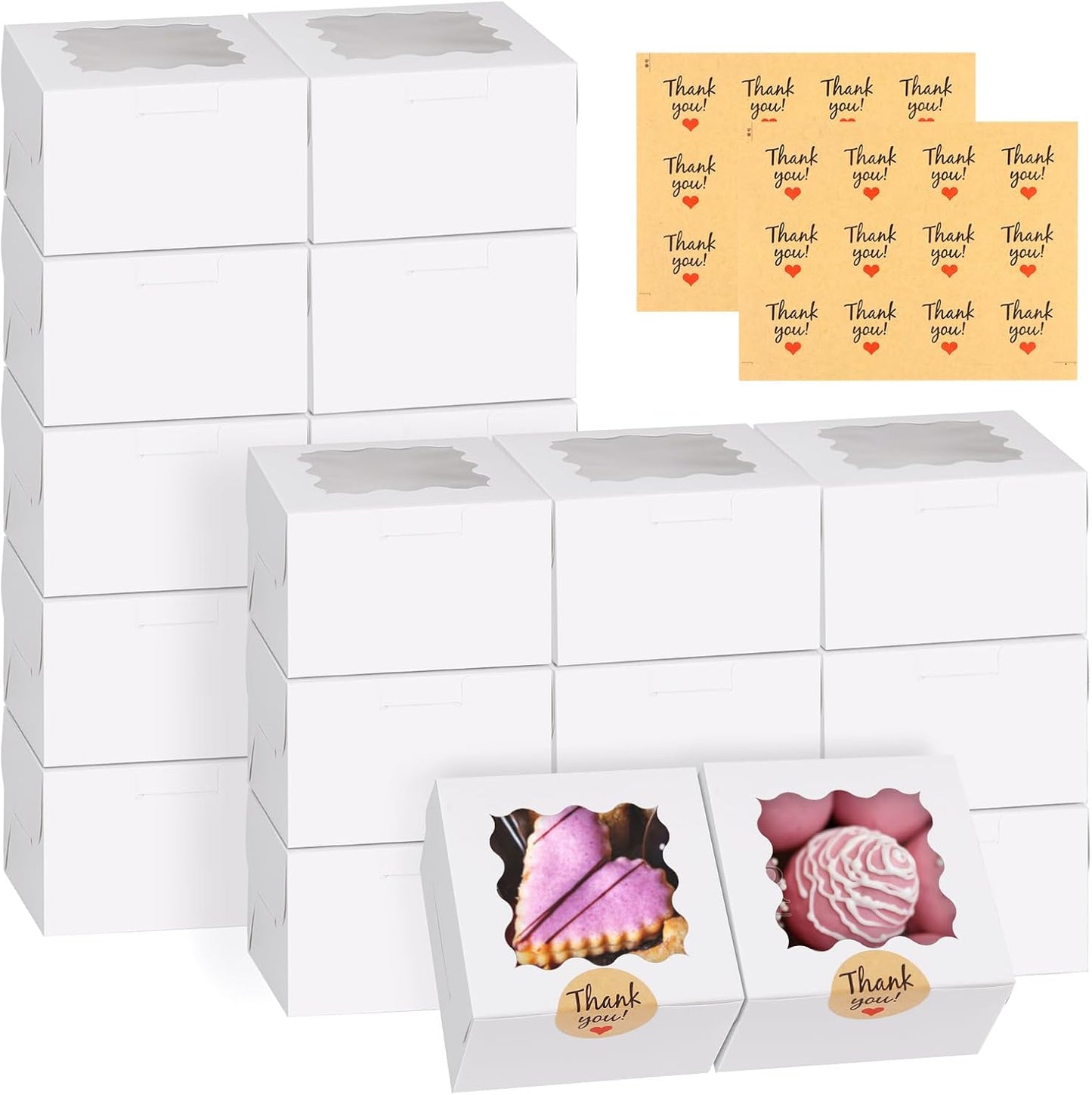 WINKIO 24pcs White Cookie Boxes, 4x4x2.5 Inches Bakery Boxes with Window, for Mini Cake Treat Dessert Pastry Donuts Macaroon Strawberries Chocolate Candy (with Stickers)