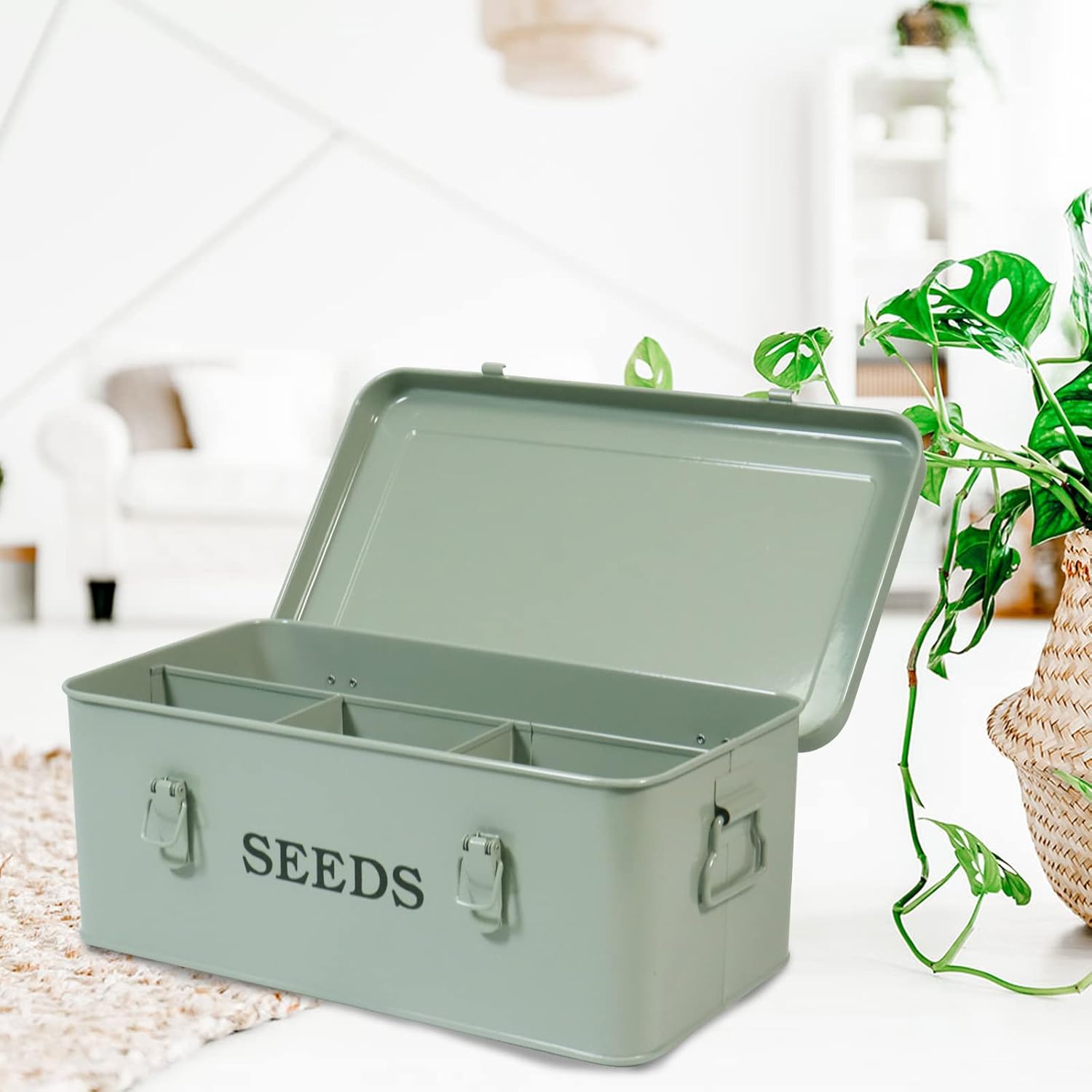 Seed Storage Box Metal Container Organizer, 4-Compartment Garden Seed 