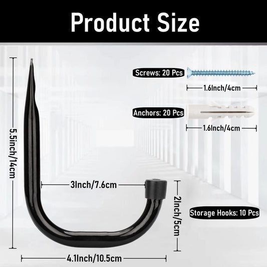 10 Pack Garage Storage Hooks, Heavy Duty Organizer Utility Hook, Wall Mount System Hangers for Ropes, Boots, Shovels, Garden Tools, Bulk Items (5.5Inch x 4.2Inch)