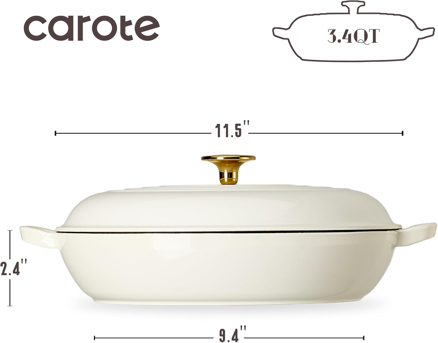 CAROTE 3.4QT Enameled Cast Iron Braiser Pan, Shallow Dutch Oven Casser