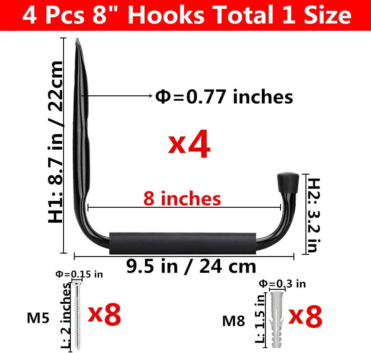 Garage and Garden Storage Utility Hooks Heavy Duty Jumbo Arm Hanger (Black,4 Pcs 8" Hook with EVA Protector)