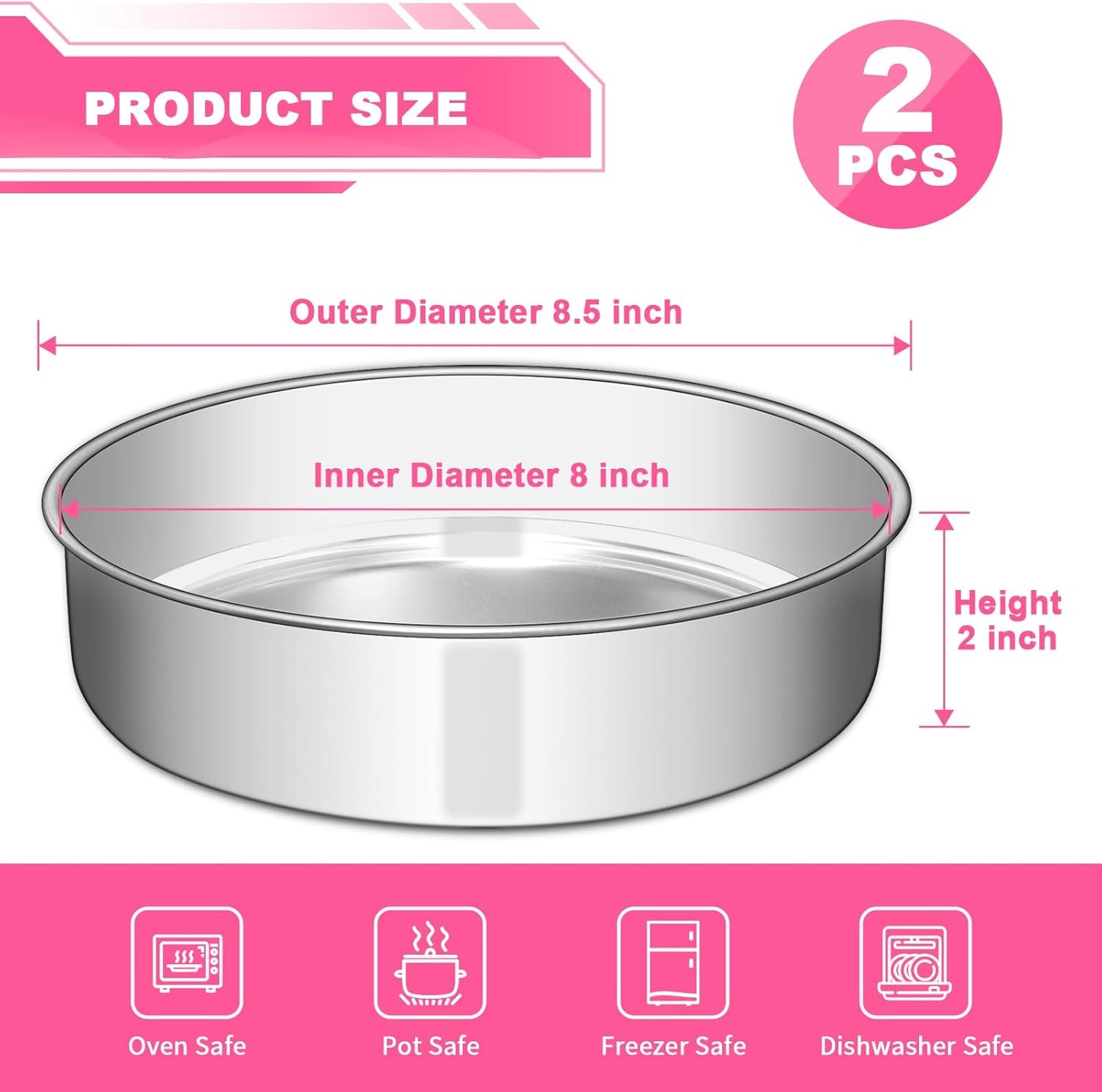 EWFEN 8 Inch Cake Pan Set of 2, Stainless Steel Round Layer Cake Baking Pans Tins, Non-Toxic & Healthy, Leak-proof & Easy Clean & Dishwasher Safe