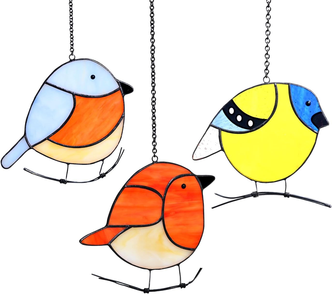 3 Pack Birds Stained Glass Suncatchers, Handmade Window Hanging, Cute Sun Catchers, Indoor Outdoor Decoration, Gifts for Women Men Bird Lover Gardener, 3 Removable Hangers Given