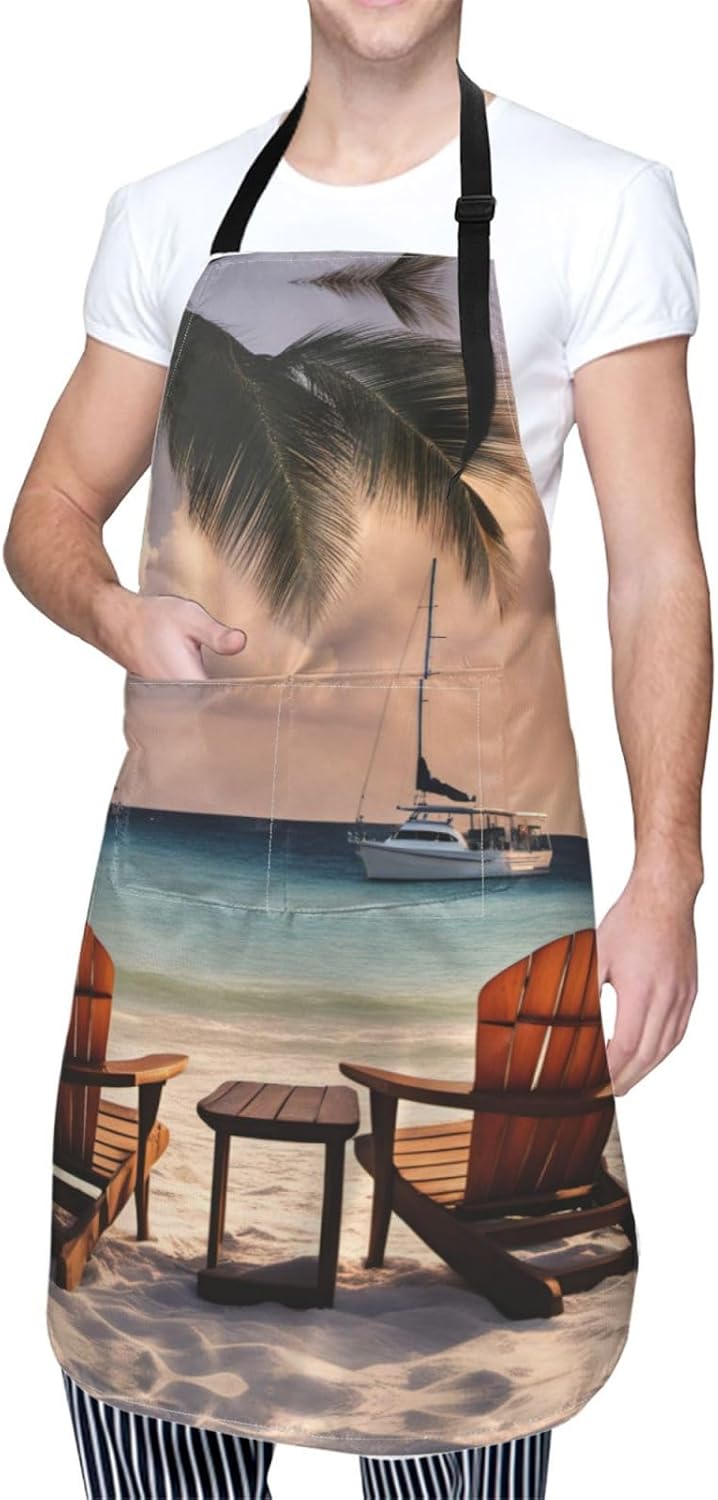 Beach Palm Tree Chairs Boats print Waterproof chef's apron with pocket apron for kitchen cooking baking barbecue and gardening
