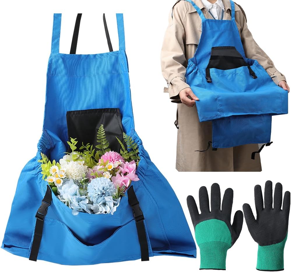 GORGECRAFT Gardening Apron Set Blue Cloth Water Washable Vegetable Har