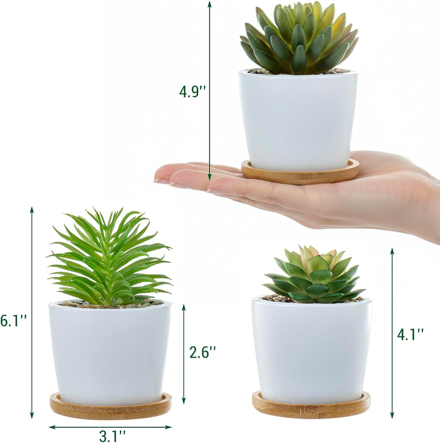 MyGift Assorted Artificial Succulent Plants - Decorative Fake Desert Plants with Pebble Fillers in White Ceramic Pots with Bamboo Saucers, Set of 3