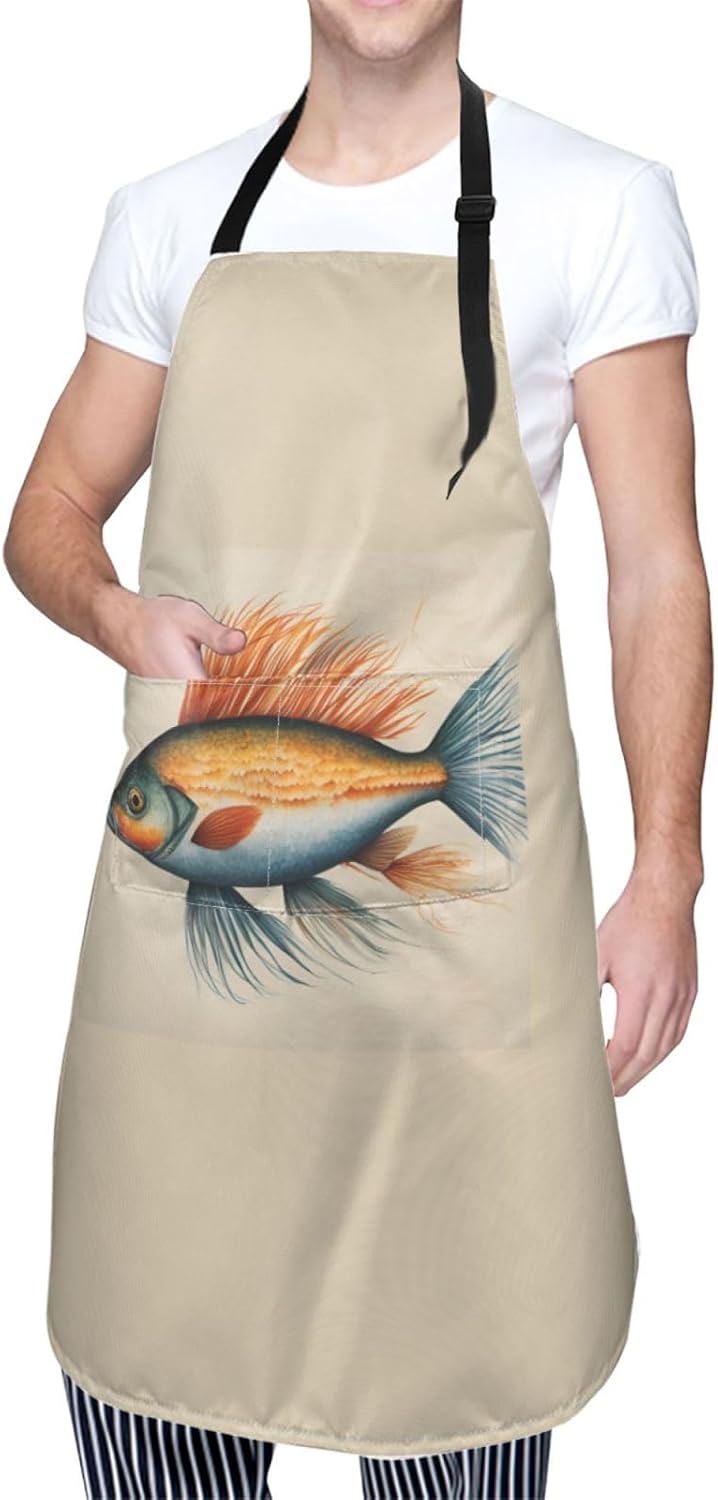 Safflower Flying Fish print Waterproof chef's apron with pocket apron for kitchen cooking baking barbecue and gardening