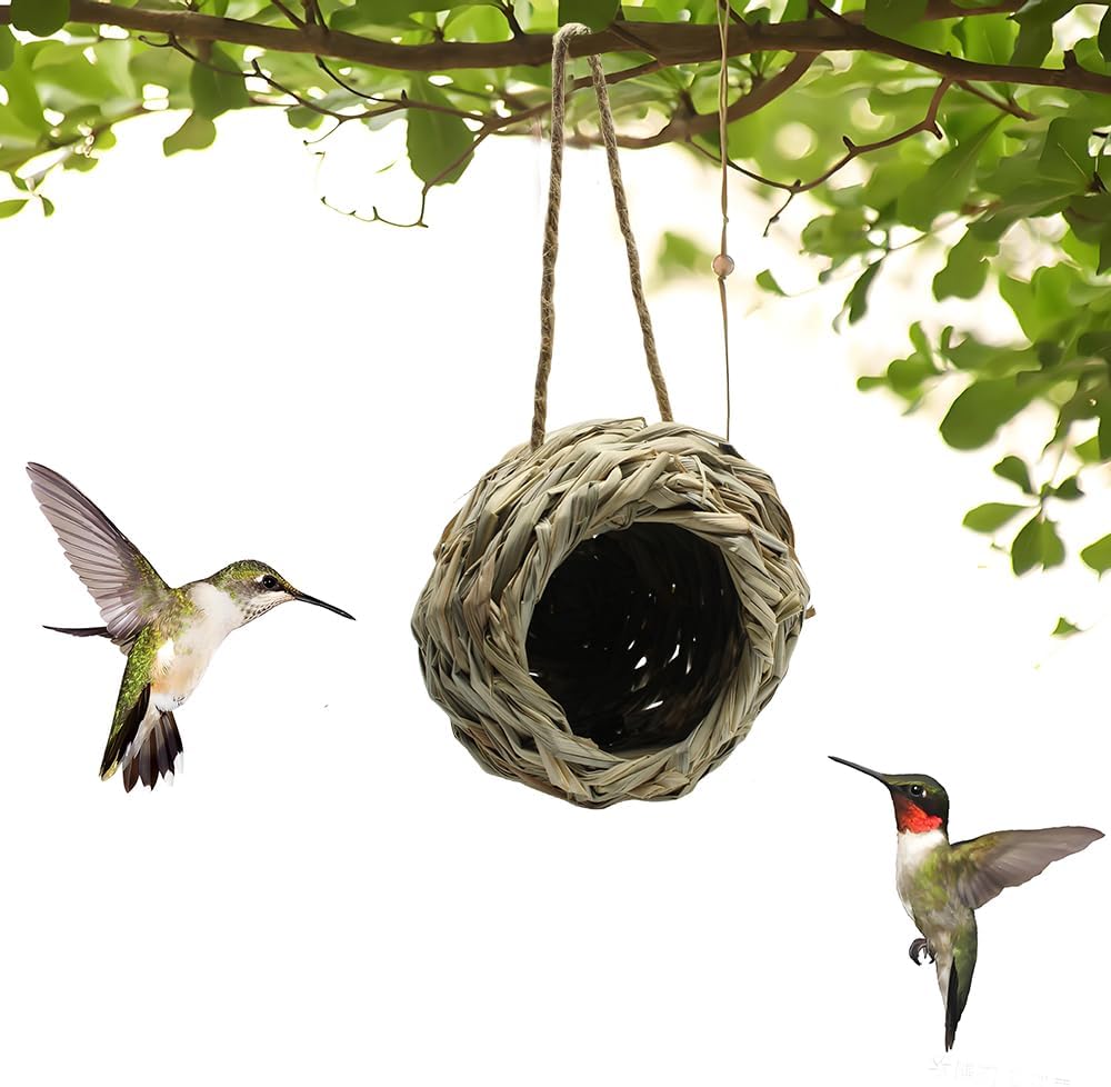 Hummingbird Houses for Outside, 4 Pack Hanging Nest, Natural Grass Bird Hut, Woven Humming Bird House, Large Wren Finch Bird House for Garden Window, Outdoor Home Decor