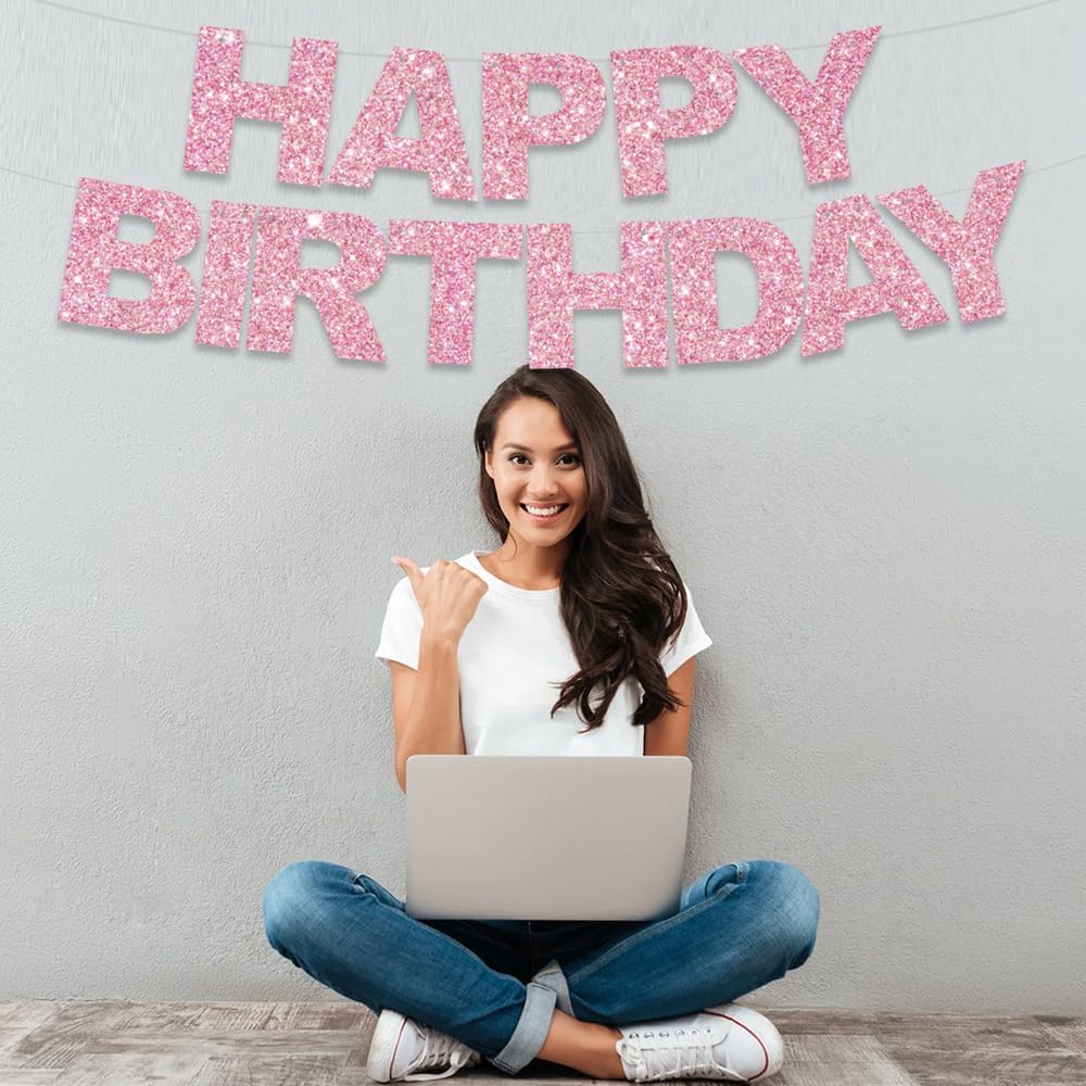 BEISHIDA Happy Birthday Banner - Pink Pre-Strung No DIY Birthday Decorations - Happy Birthday Sign - Birthday Banner for Women, Kids - Backdrop