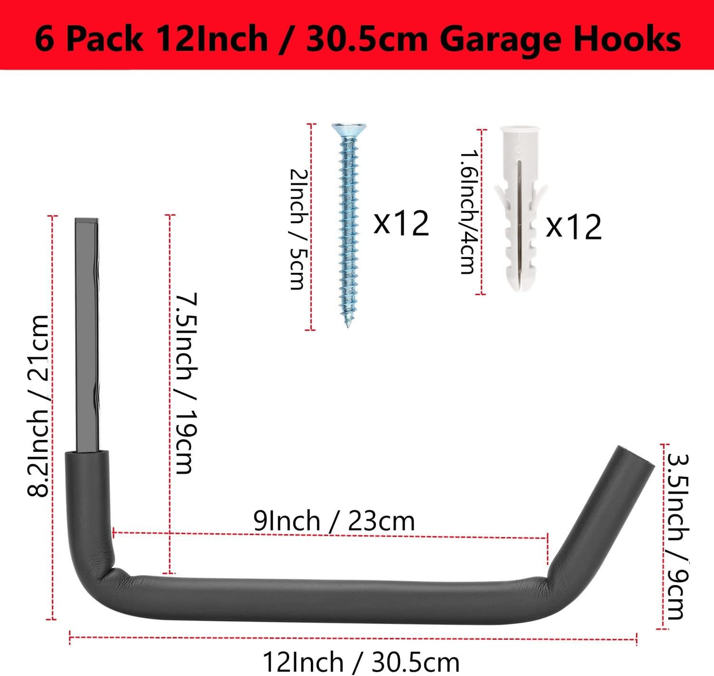 Garage Storage Ladder Hooks with 12" Jumbo Arm, 8 Pack Heavy Duty Wall Mounted Storage Hanger Utility Organizer for Bicycle, Folding Chairs, Bike and Garden Tools