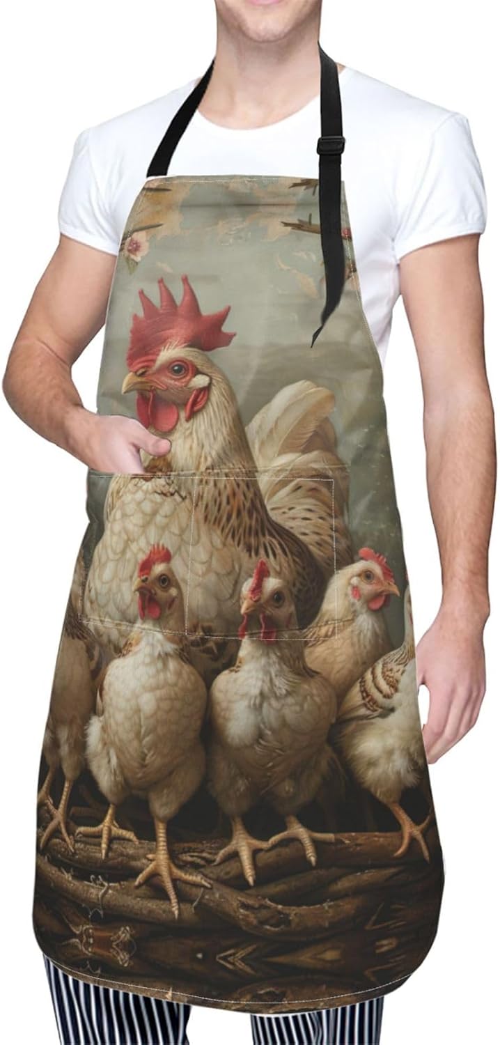 A Brood of Chickens print Waterproof chef's apron with pocket apron for kitchen cooking baking barbecue and gardening