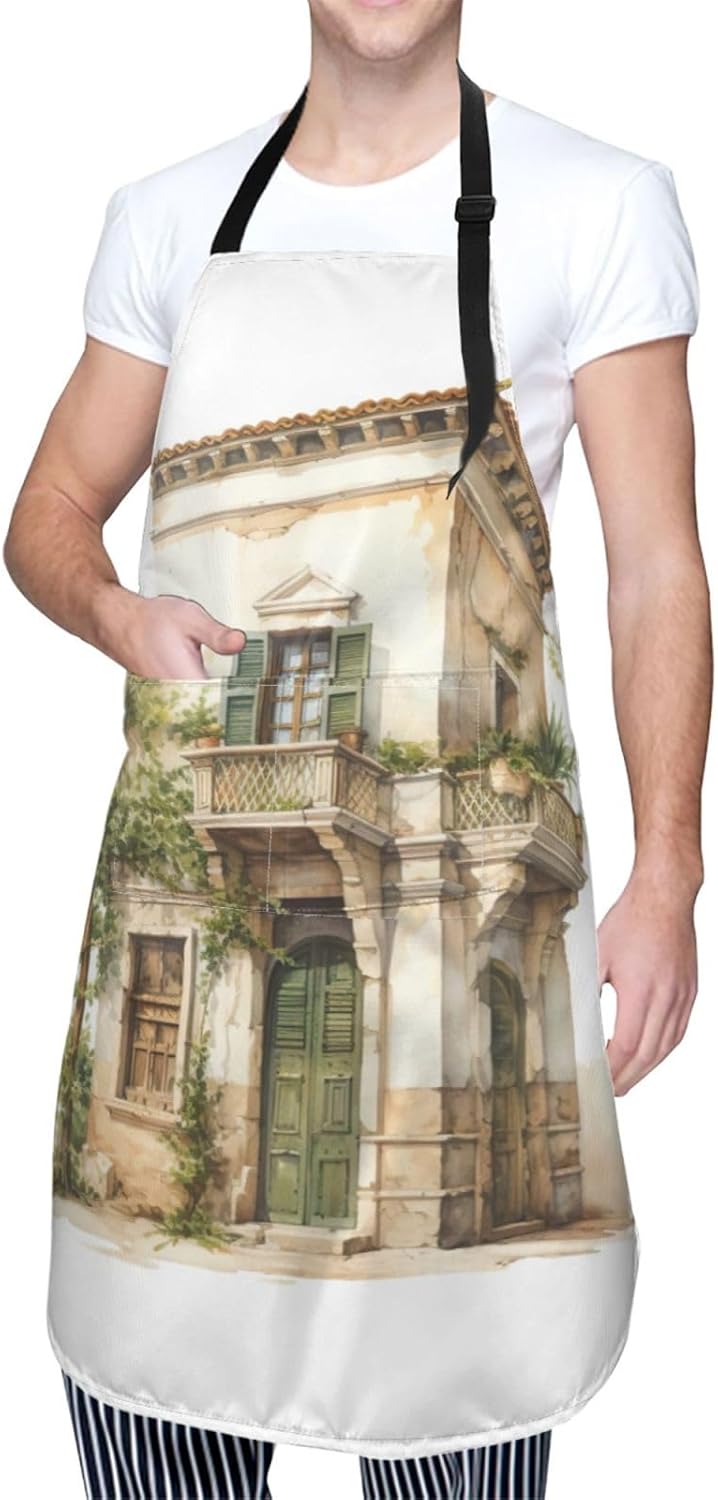Antique Building with Roman Olive Branch and Greek print Waterproof chef's apron with pocket apron for kitchen cooking baking barbecue and gardening