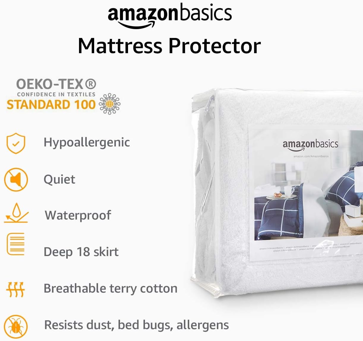 Amazon Basics Waterproof Breathable Mattress Protector, King Size, 18 inch Deep, Machine Washable, White