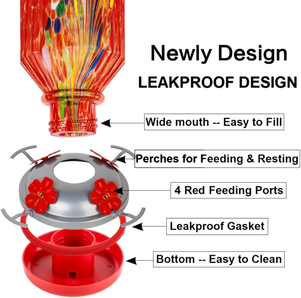Hand Blown Glass Hummingbird Feeder for Outdoors Hanging Round Chaning Color 32 OZ Large Humming Birds Feeders with Accessories Gift for Women Mom (Red)