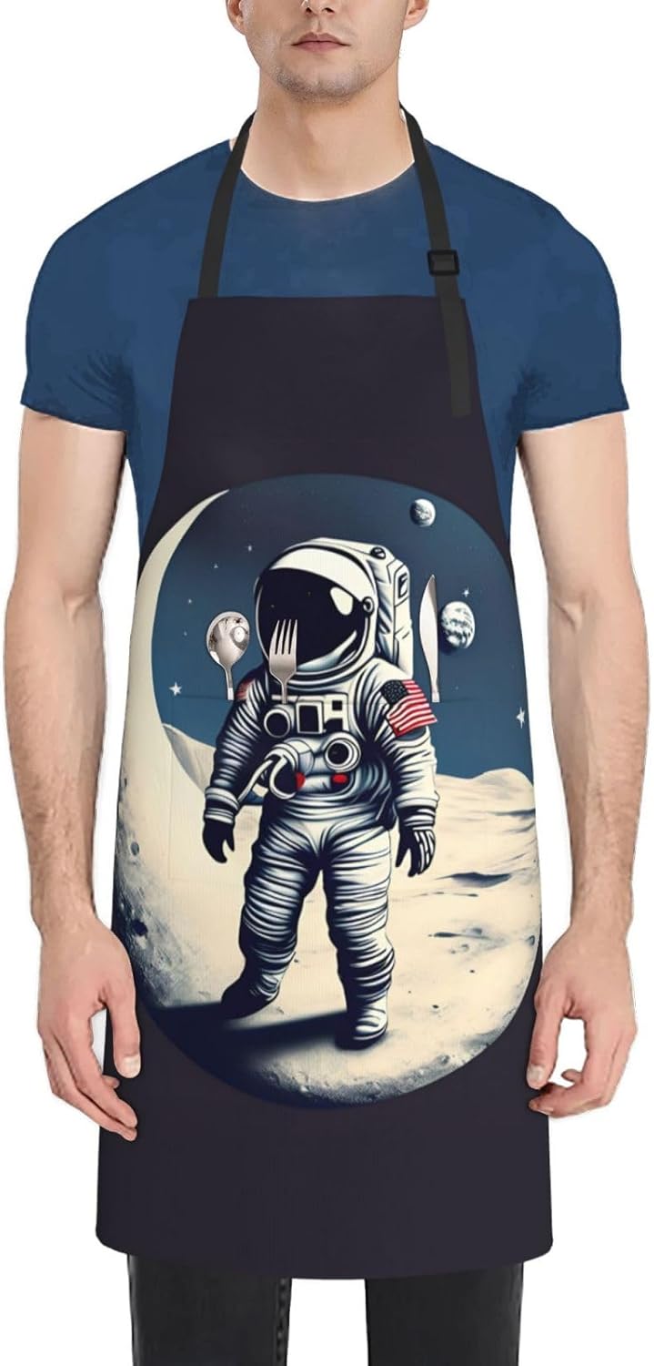 Astronaut on The Moon print Waterproof chef's apron with pocket apron for kitchen cooking baking barbecue and gardening