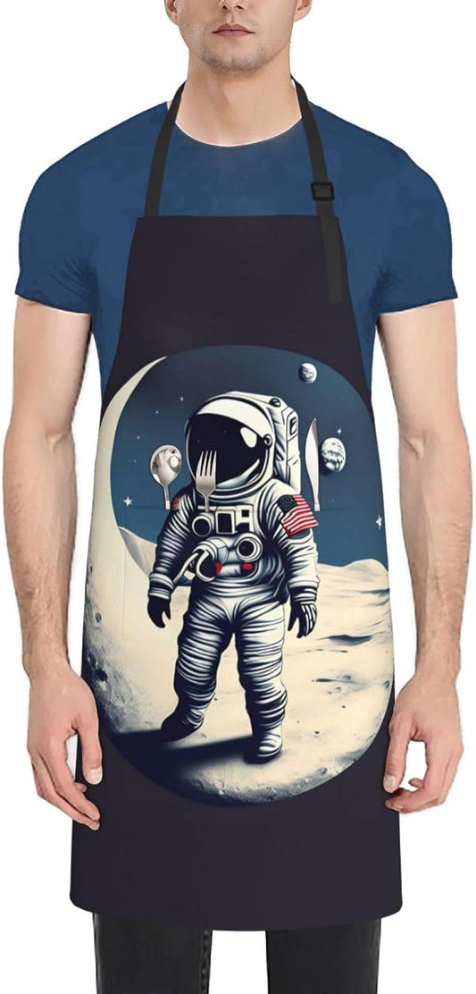 Astronaut on The Moon print Waterproof chef's apron with pocket apron for kitchen cooking baking barbecue and gardening