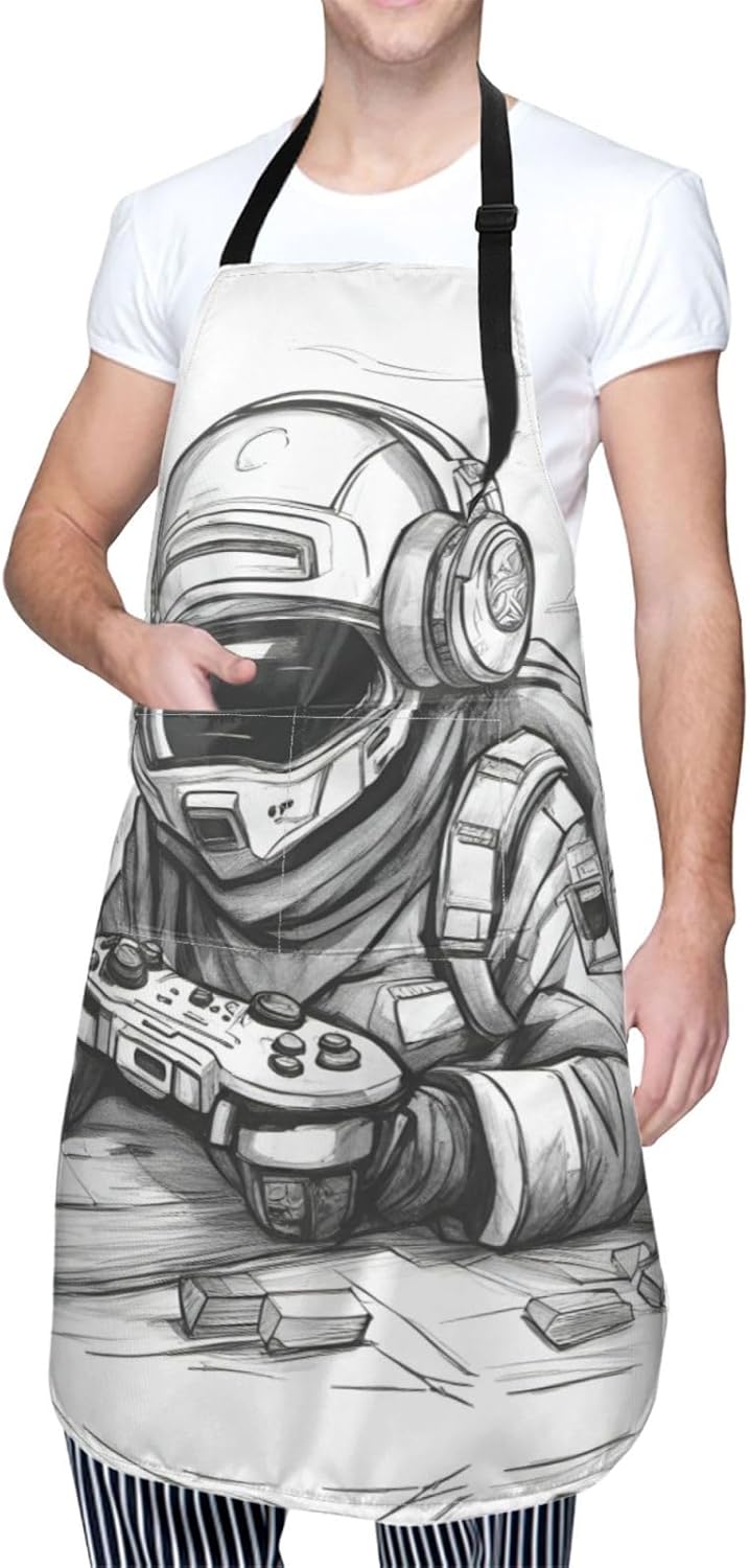 Monochrome Sketch Style Gaming Print 28x33 In Adult Kitchen Apron with