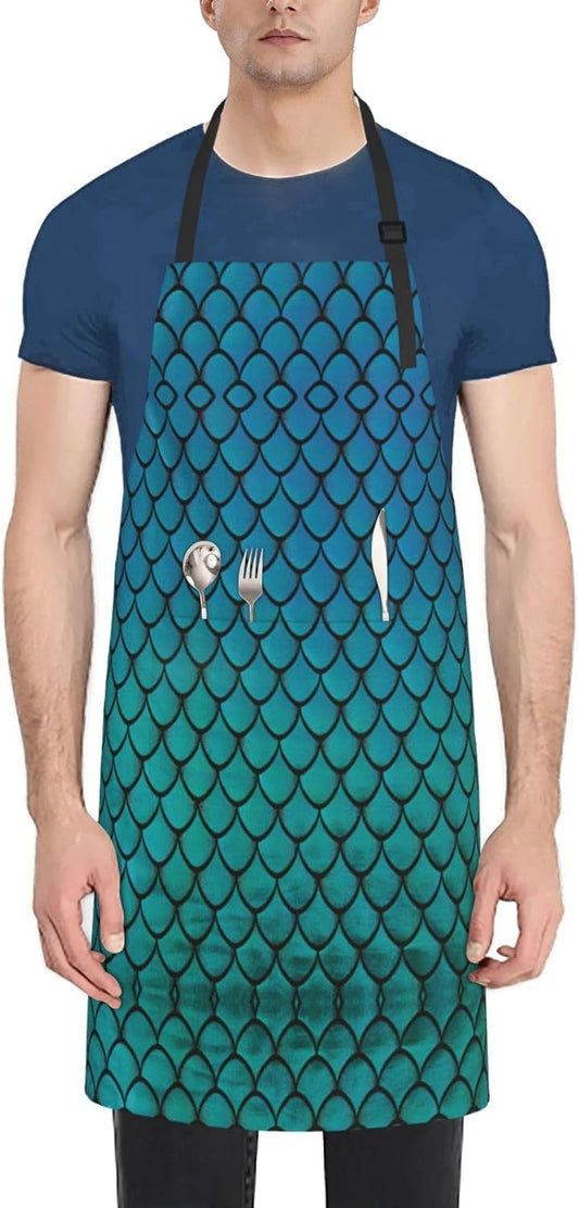 blue fish scale print Waterproof apron with pocket adjustable cooking 