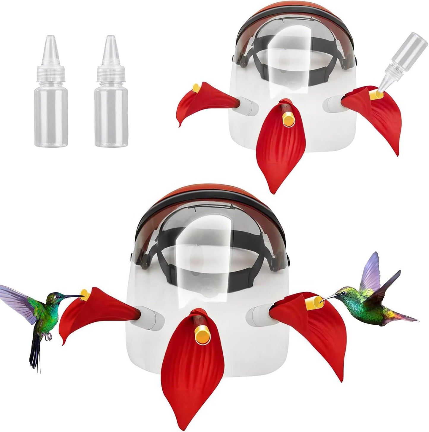 2PCS Humviewer Hummingbird Feeder Mask, Outdoors Wild Humming Bird Feeder Hat with 3 Feeding Ports and Honey Storage Bottle