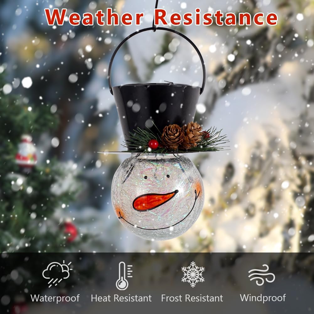 Viveta 2Pack Snowman Solar Lantern,Christmas Outdoor Hanging Lanterns, Waterproof Solar Lantern with Crackle Glass Ball for Garden Patio Yard Decor (Pinecone)
