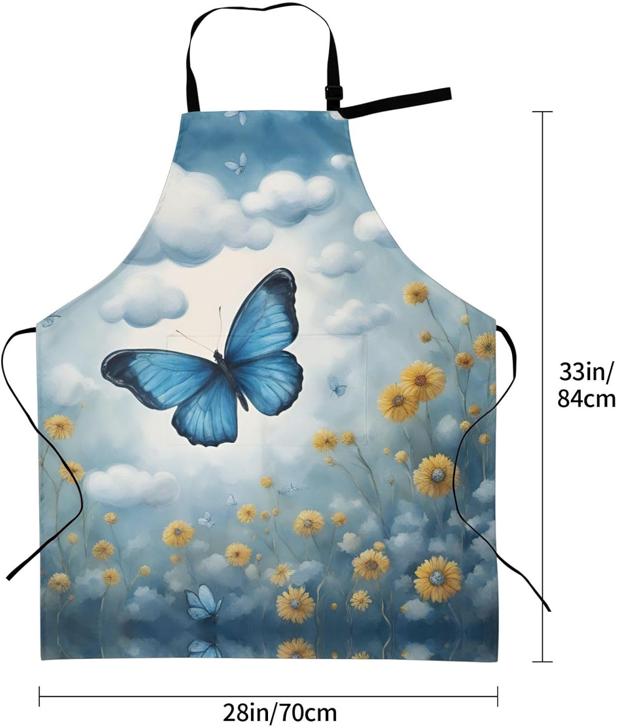 blue butterfly and Clouds print Waterproof chef's apron with pocket apron for kitchen cooking baking barbecue and gardening