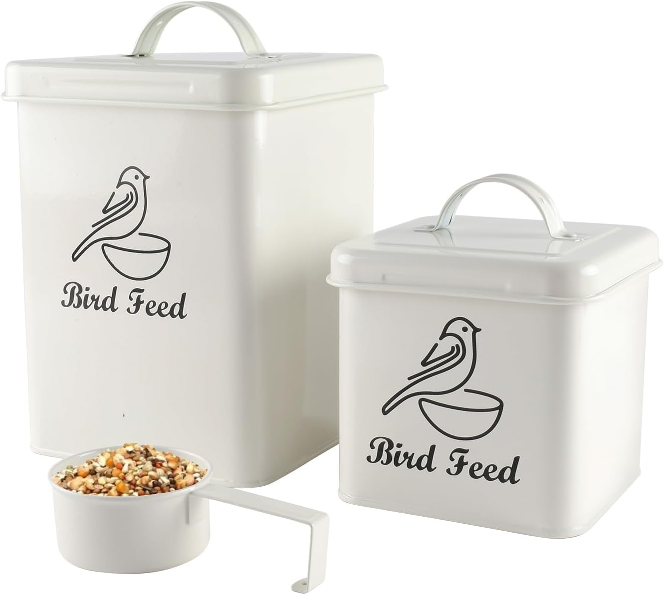 Set of 2 Metal Bird Seed Storage Container,Combined 8lbs Bird Seed Container with Scoop,Wild Bird Food Bins for Storing Sunflower Seed-Sturdy and Squirrel proof-6''x9''+5''x5''-White