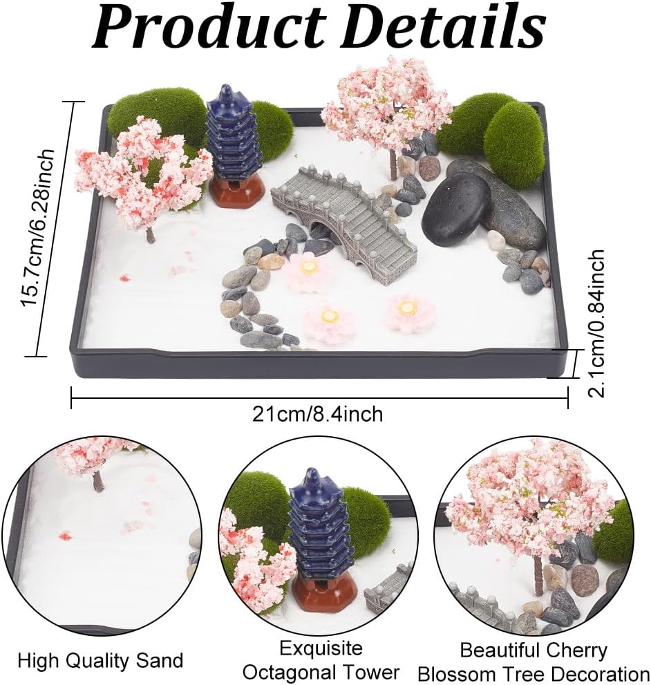 WEBEEDY Zen Garden Kit Japanese Zen Sand Rock Garden Home Office Desktop Accessories Mini Sand Gardens Meditation Gifts Set for Home Office, 8x6in