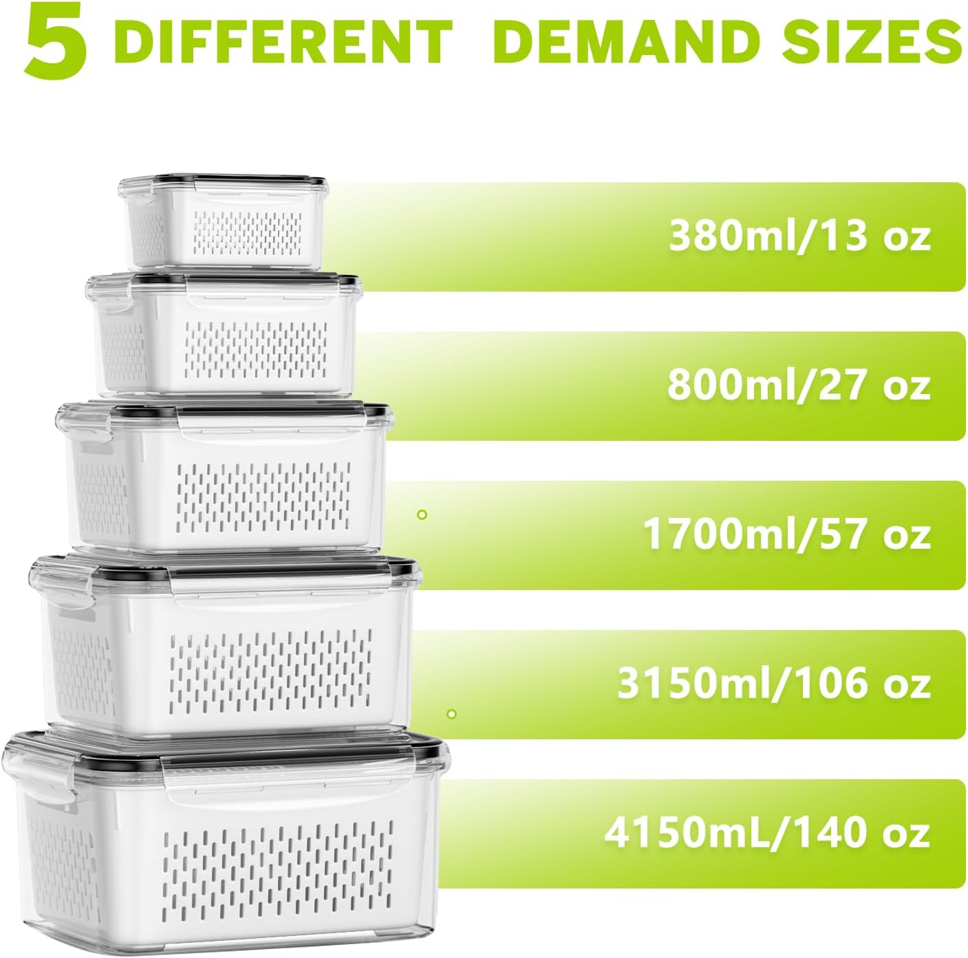 5 Pack Fruit Storage Containers for Fridge, Plastic Fruit Containers for Fridge with Removable Colanders, Leakproof Fridge Organizers and Storage for Berry Vegetable Salad Lettuce Meat Food
