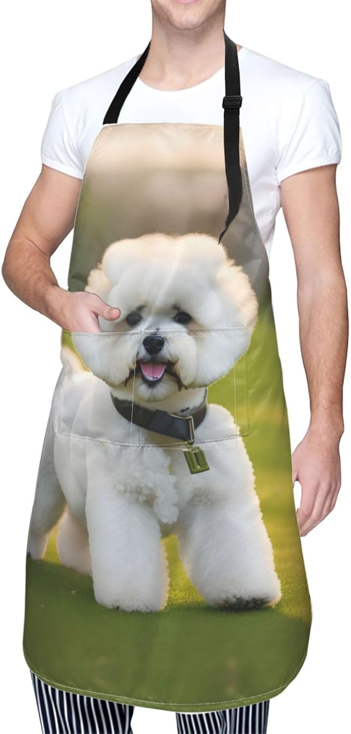 Bichon Frise Dog on the grass print Waterproof apron with pocket adjus