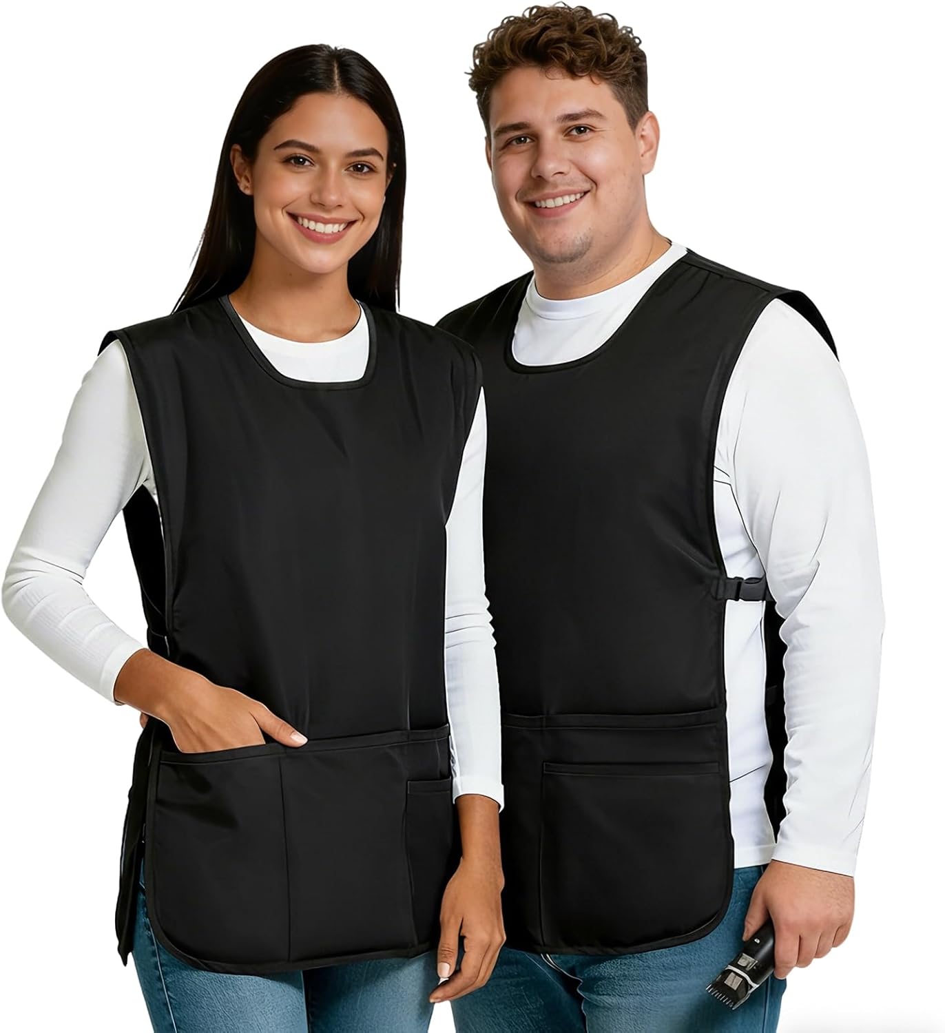Cobbler Apron with Side Release Buckle for Women Men, Sleeveless Hairdresser Server Smock Jacket for Work Kitchen Garden Art, 4 Pockets Barber Aprons Vest Fast Drying Polyester for Cleaning Painting
