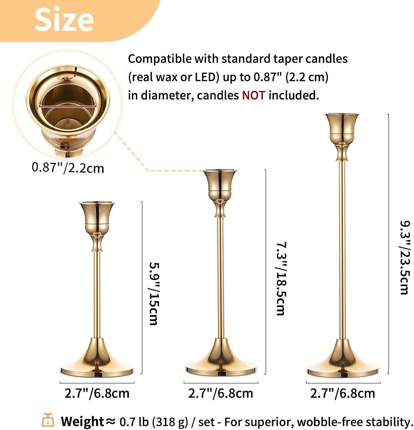 2 Sets(6 Pcs) Brass Gold Metal Taper Candle Holders Candlestick Holder
