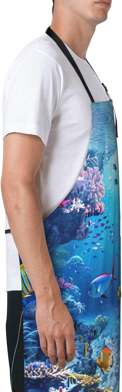 Colorful Ocean Theme print Waterproof chef's apron with pocket apron for kitchen cooking baking barbecue and gardening