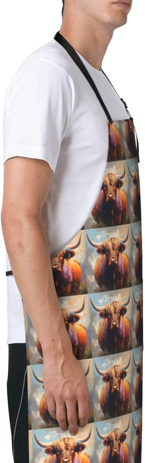 YANYU Highland Cow Print 28x33 In Kitchen Apron Stylish Chef Apron with Pockets for Cooking Baking Painting